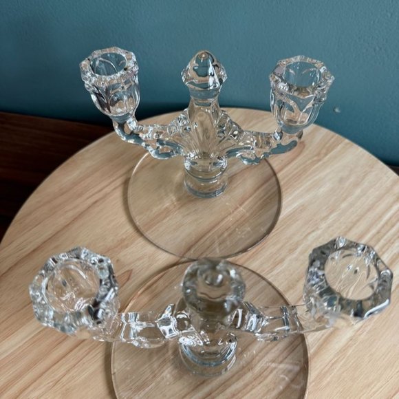Vintage Pair Heisey Trident Double Candle Holders Crystal Etched Orchid Clear 19 - Picture 5 of 10